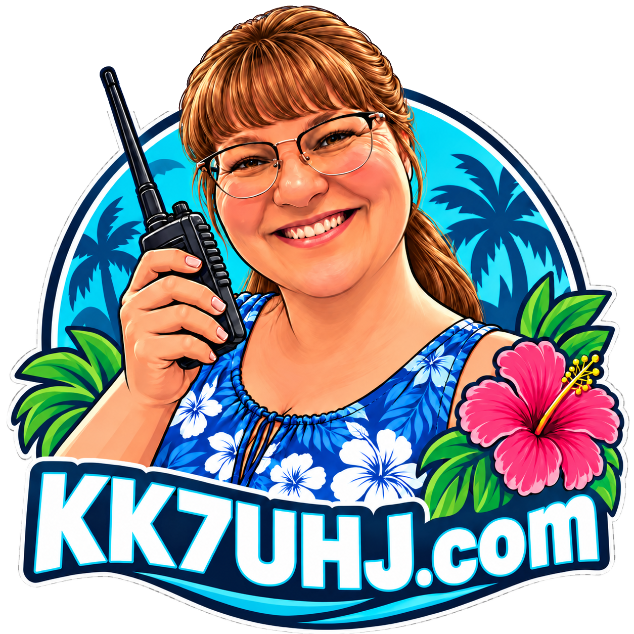 Illustrated KK7UHJ logo featuring Pam with a handheld radio, palm trees, and a pink hibiscus